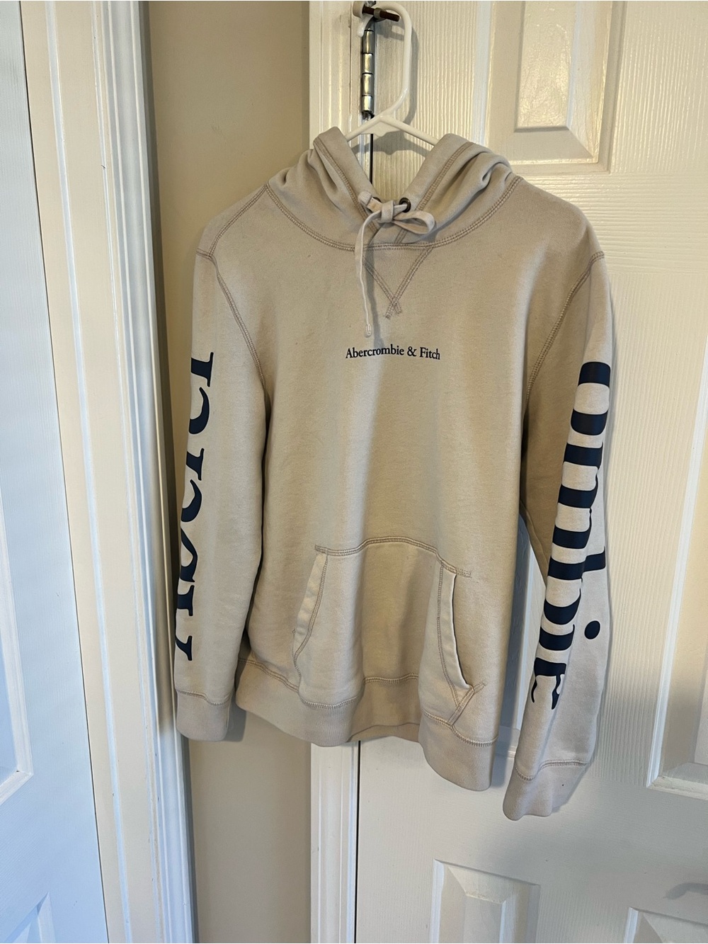 Abercrombie & Fitch Cream Crewneck Hoodie with Navy Sleeve Logo